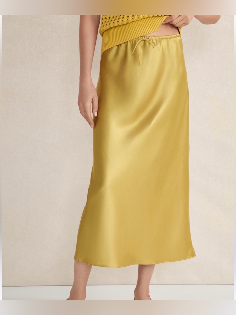 Haven Well Within Gold Satin Slip Midi Skirt Drawstring Waist Small NWOT